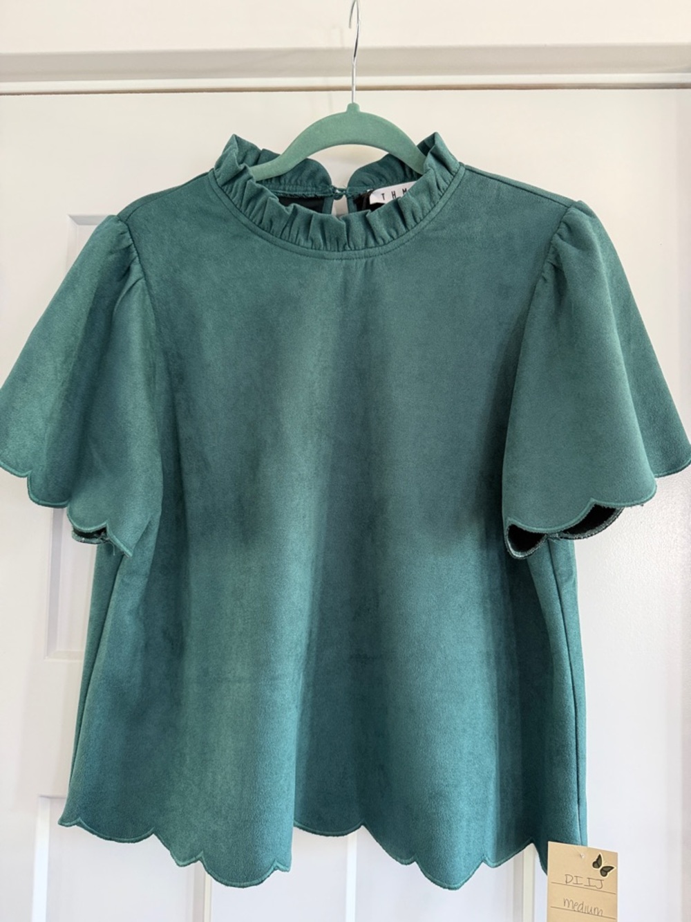 THML Teal Scallop Sleeve Ruffle Neck Blouse